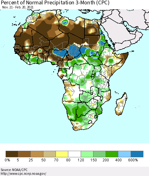 Africa Percent of Normal Precipitation 3-Month (CPC) Thematic Map For 11/21/2020 - 2/20/2021