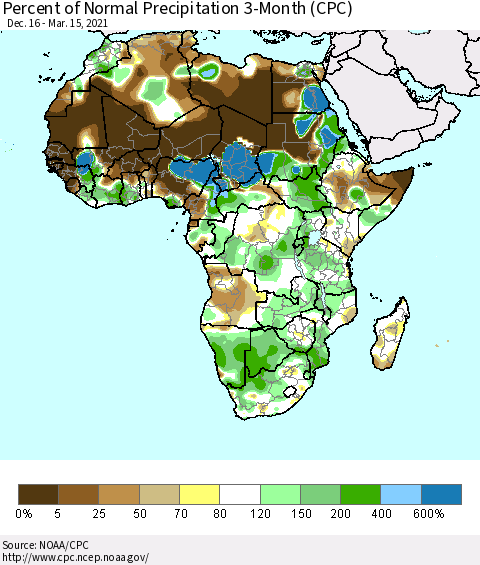 Africa Percent of Normal Precipitation 3-Month (CPC) Thematic Map For 12/16/2020 - 3/15/2021