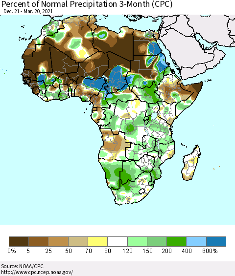Africa Percent of Normal Precipitation 3-Month (CPC) Thematic Map For 12/21/2020 - 3/20/2021