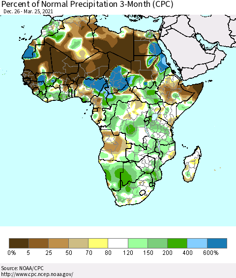 Africa Percent of Normal Precipitation 3-Month (CPC) Thematic Map For 12/26/2020 - 3/25/2021