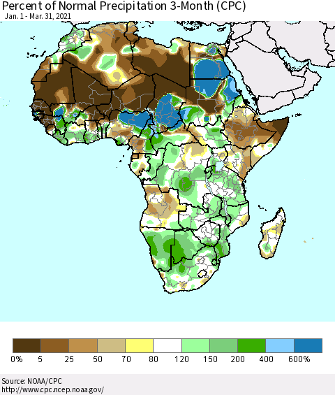 Africa Percent of Normal Precipitation 3-Month (CPC) Thematic Map For 1/1/2021 - 3/31/2021