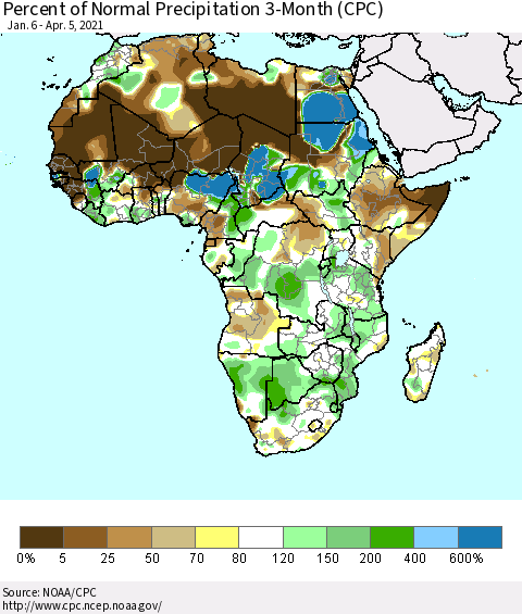 Africa Percent of Normal Precipitation 3-Month (CPC) Thematic Map For 1/6/2021 - 4/5/2021