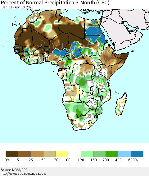 Africa Percent of Normal Precipitation 3-Month (CPC) Thematic Map For 1/11/2021 - 4/10/2021