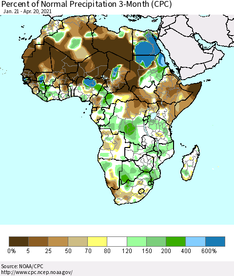Africa Percent of Normal Precipitation 3-Month (CPC) Thematic Map For 1/21/2021 - 4/20/2021