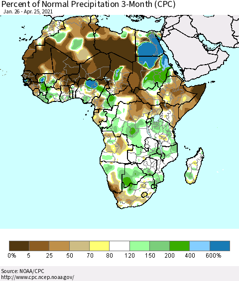 Africa Percent of Normal Precipitation 3-Month (CPC) Thematic Map For 1/26/2021 - 4/25/2021