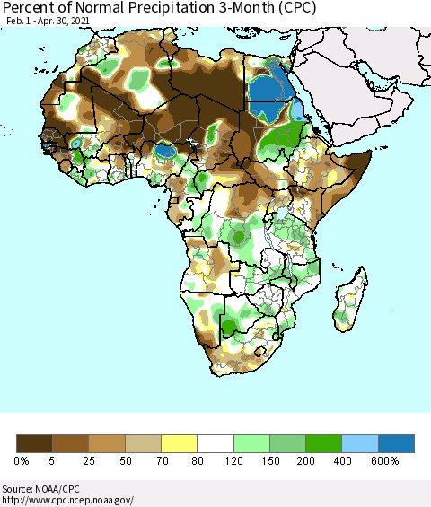 Africa Percent of Normal Precipitation 3-Month (CPC) Thematic Map For 2/1/2021 - 4/30/2021