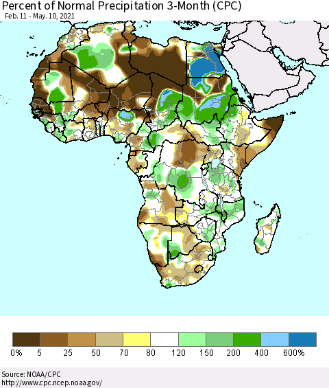 Africa Percent of Normal Precipitation 3-Month (CPC) Thematic Map For 2/11/2021 - 5/10/2021