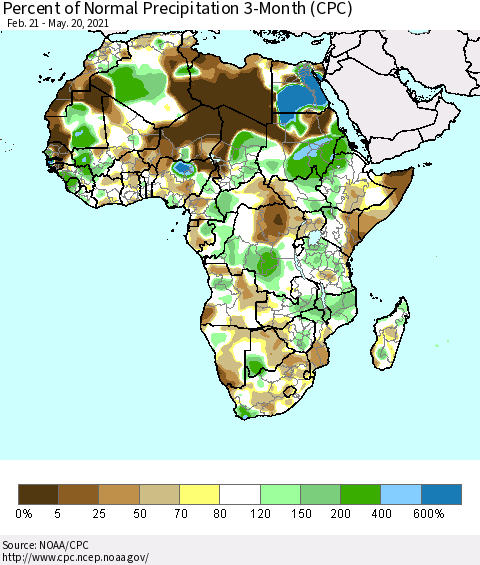 Africa Percent of Normal Precipitation 3-Month (CPC) Thematic Map For 2/21/2021 - 5/20/2021