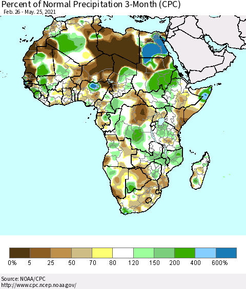 Africa Percent of Normal Precipitation 3-Month (CPC) Thematic Map For 2/26/2021 - 5/25/2021