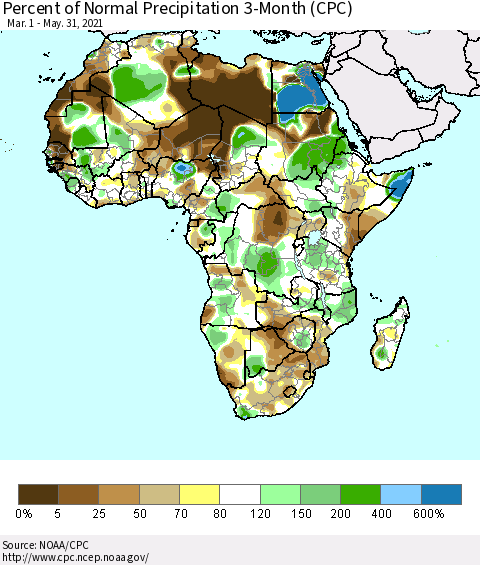 Africa Percent of Normal Precipitation 3-Month (CPC) Thematic Map For 3/1/2021 - 5/31/2021