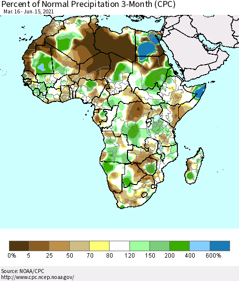 Africa Percent of Normal Precipitation 3-Month (CPC) Thematic Map For 3/16/2021 - 6/15/2021