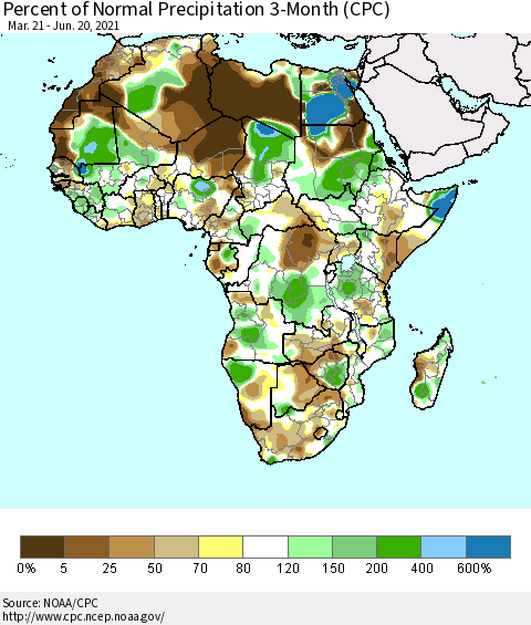 Africa Percent of Normal Precipitation 3-Month (CPC) Thematic Map For 3/21/2021 - 6/20/2021