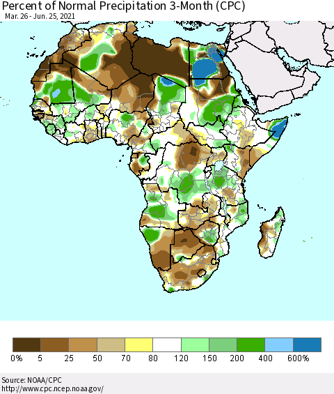 Africa Percent of Normal Precipitation 3-Month (CPC) Thematic Map For 3/26/2021 - 6/25/2021