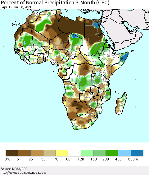 Africa Percent of Normal Precipitation 3-Month (CPC) Thematic Map For 4/1/2021 - 6/30/2021