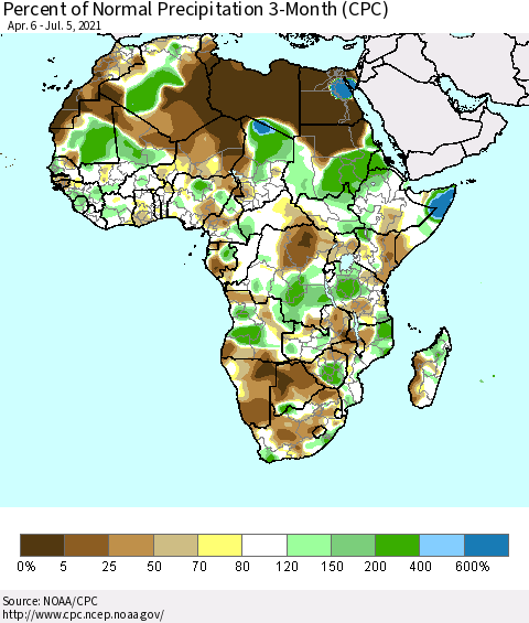 Africa Percent of Normal Precipitation 3-Month (CPC) Thematic Map For 4/6/2021 - 7/5/2021