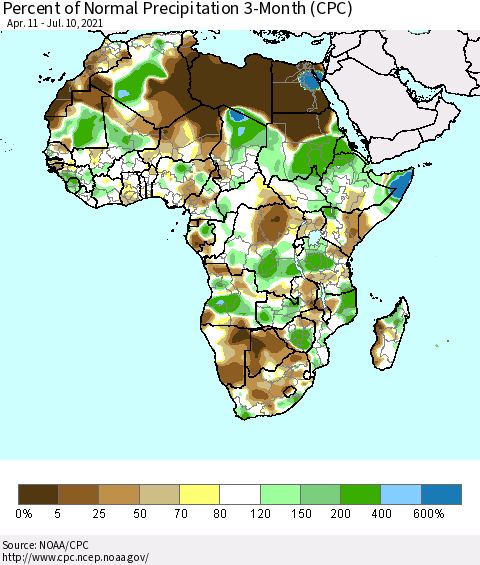 Africa Percent of Normal Precipitation 3-Month (CPC) Thematic Map For 4/11/2021 - 7/10/2021