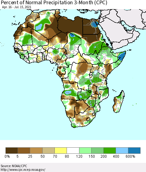 Africa Percent of Normal Precipitation 3-Month (CPC) Thematic Map For 4/16/2021 - 7/15/2021