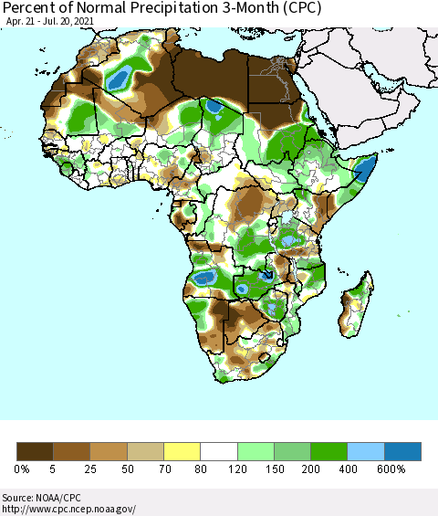 Africa Percent of Normal Precipitation 3-Month (CPC) Thematic Map For 4/21/2021 - 7/20/2021