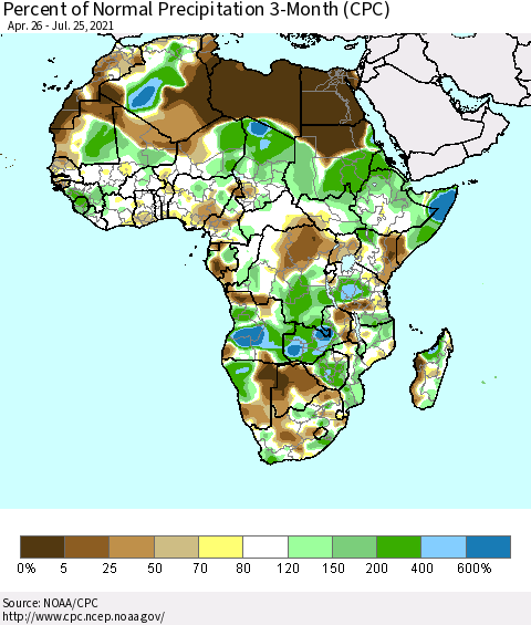 Africa Percent of Normal Precipitation 3-Month (CPC) Thematic Map For 4/26/2021 - 7/25/2021