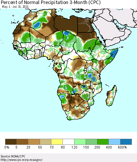 Africa Percent of Normal Precipitation 3-Month (CPC) Thematic Map For 5/1/2021 - 7/31/2021