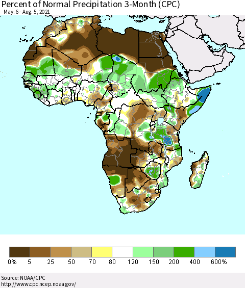 Africa Percent of Normal Precipitation 3-Month (CPC) Thematic Map For 5/6/2021 - 8/5/2021
