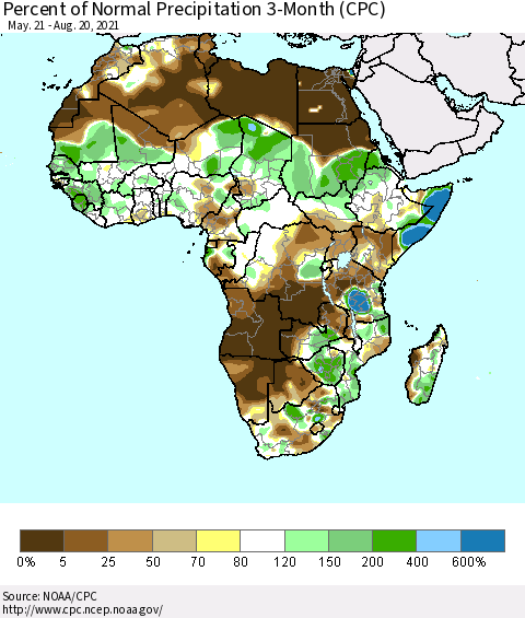Africa Percent of Normal Precipitation 3-Month (CPC) Thematic Map For 5/21/2021 - 8/20/2021
