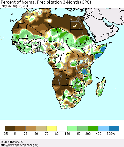 Africa Percent of Normal Precipitation 3-Month (CPC) Thematic Map For 5/26/2021 - 8/25/2021