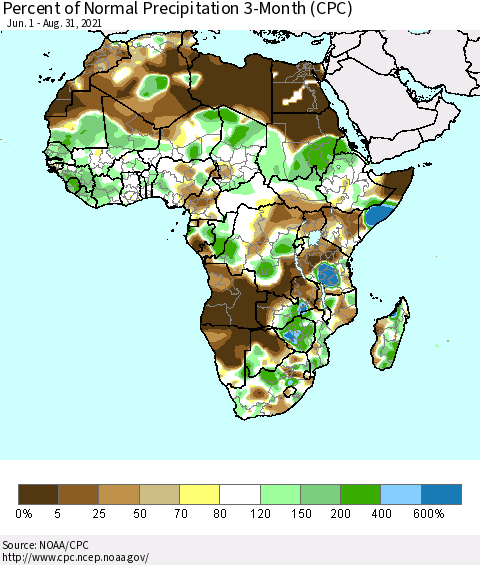 Africa Percent of Normal Precipitation 3-Month (CPC) Thematic Map For 6/1/2021 - 8/31/2021