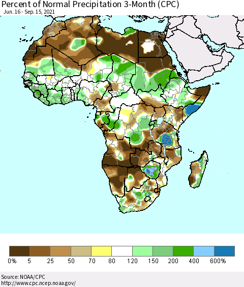 Africa Percent of Normal Precipitation 3-Month (CPC) Thematic Map For 6/16/2021 - 9/15/2021