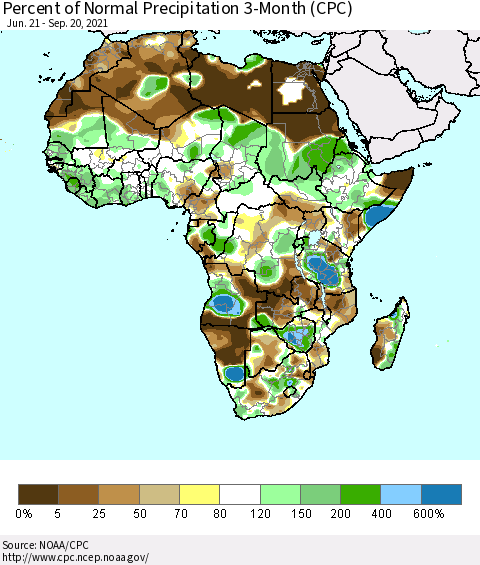 Africa Percent of Normal Precipitation 3-Month (CPC) Thematic Map For 6/21/2021 - 9/20/2021
