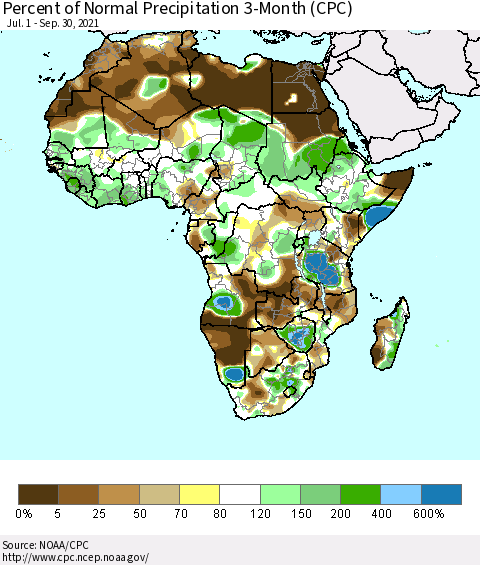 Africa Percent of Normal Precipitation 3-Month (CPC) Thematic Map For 7/1/2021 - 9/30/2021