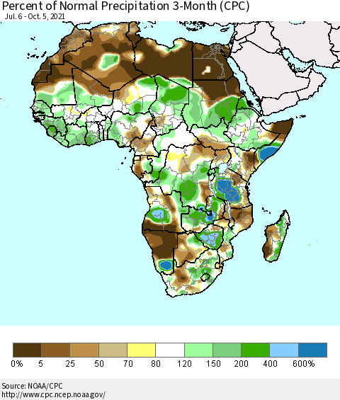 Africa Percent of Normal Precipitation 3-Month (CPC) Thematic Map For 7/6/2021 - 10/5/2021