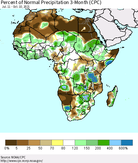 Africa Percent of Normal Precipitation 3-Month (CPC) Thematic Map For 7/11/2021 - 10/10/2021