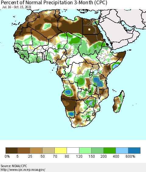 Africa Percent of Normal Precipitation 3-Month (CPC) Thematic Map For 7/16/2021 - 10/15/2021