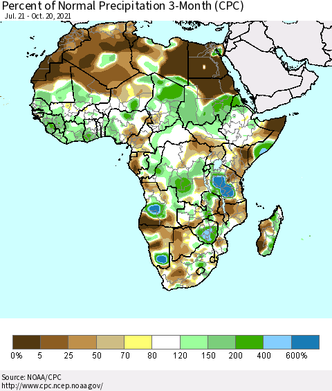 Africa Percent of Normal Precipitation 3-Month (CPC) Thematic Map For 7/21/2021 - 10/20/2021