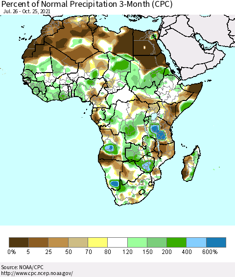 Africa Percent of Normal Precipitation 3-Month (CPC) Thematic Map For 7/26/2021 - 10/25/2021