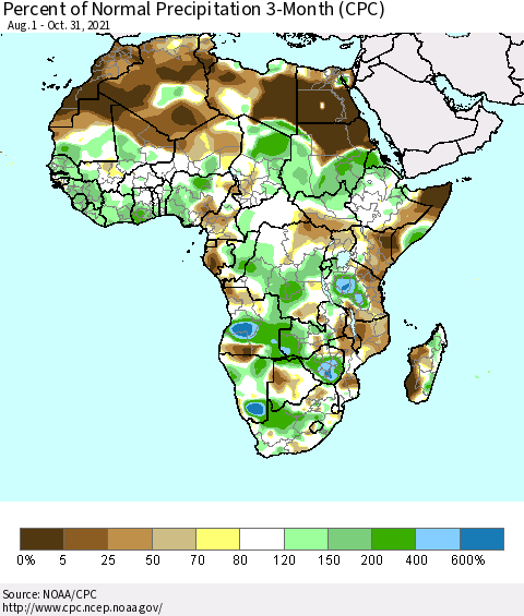 Africa Percent of Normal Precipitation 3-Month (CPC) Thematic Map For 8/1/2021 - 10/31/2021