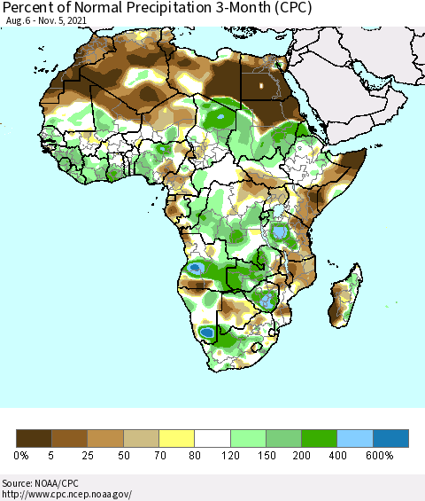 Africa Percent of Normal Precipitation 3-Month (CPC) Thematic Map For 8/6/2021 - 11/5/2021