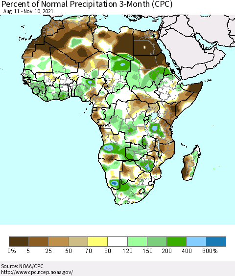 Africa Percent of Normal Precipitation 3-Month (CPC) Thematic Map For 8/11/2021 - 11/10/2021