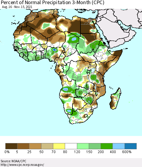 Africa Percent of Normal Precipitation 3-Month (CPC) Thematic Map For 8/16/2021 - 11/15/2021