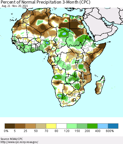 Africa Percent of Normal Precipitation 3-Month (CPC) Thematic Map For 8/21/2021 - 11/20/2021