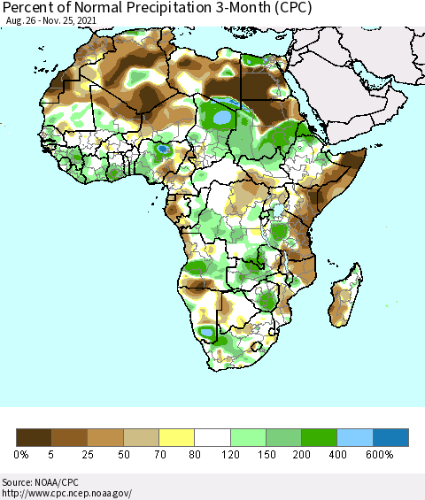 Africa Percent of Normal Precipitation 3-Month (CPC) Thematic Map For 8/26/2021 - 11/25/2021