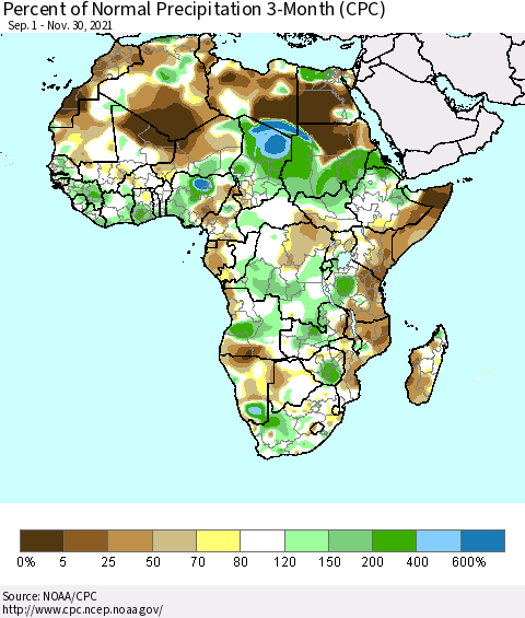 Africa Percent of Normal Precipitation 3-Month (CPC) Thematic Map For 9/1/2021 - 11/30/2021
