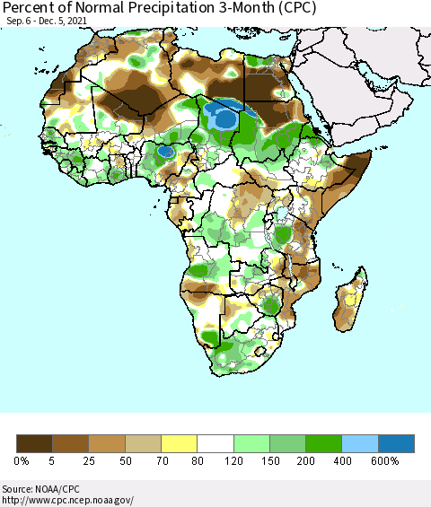 Africa Percent of Normal Precipitation 3-Month (CPC) Thematic Map For 9/6/2021 - 12/5/2021