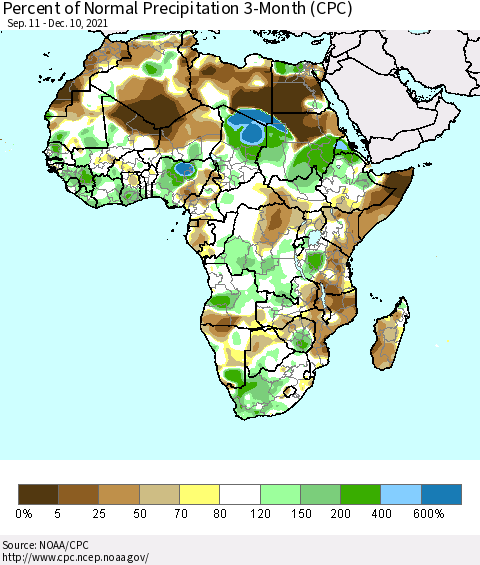 Africa Percent of Normal Precipitation 3-Month (CPC) Thematic Map For 9/11/2021 - 12/10/2021