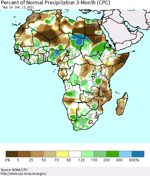 Africa Percent of Normal Precipitation 3-Month (CPC) Thematic Map For 9/16/2021 - 12/15/2021