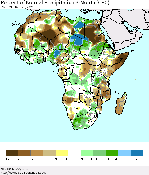 Africa Percent of Normal Precipitation 3-Month (CPC) Thematic Map For 9/21/2021 - 12/20/2021