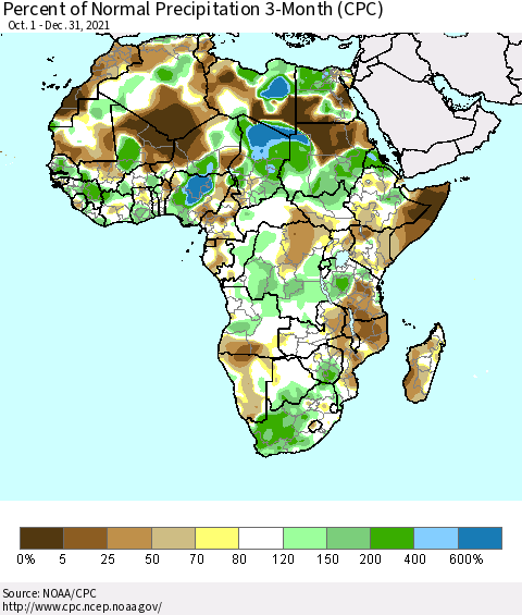 Africa Percent of Normal Precipitation 3-Month (CPC) Thematic Map For 10/1/2021 - 12/31/2021