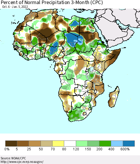 Africa Percent of Normal Precipitation 3-Month (CPC) Thematic Map For 10/6/2021 - 1/5/2022