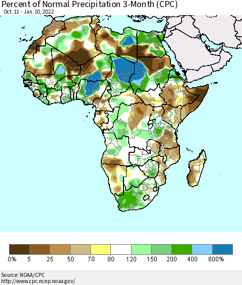 Africa Percent of Normal Precipitation 3-Month (CPC) Thematic Map For 10/11/2021 - 1/10/2022